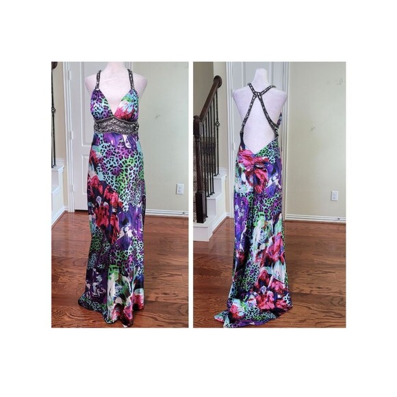 Xscape Dresses & Skirts - Xscape Y2K Slip Prom Gown Purple 10 Beaded Leopard Print Train Formal Open Back